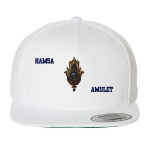 White Hamsa Amulet snapback cap by Galaxy Epop with artwork and lettering