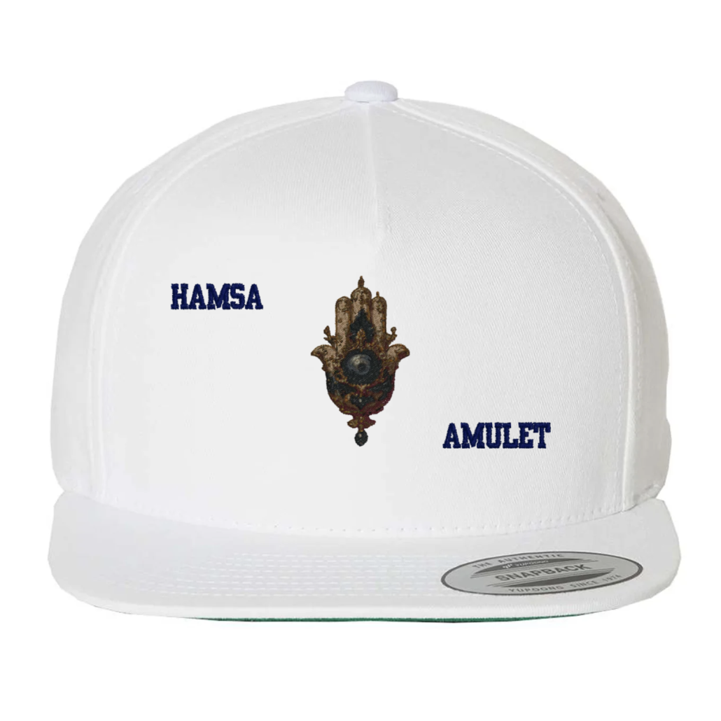 White Hamsa Amulet snapback cap by Galaxy Epop with artwork and lettering