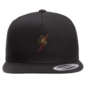 Black Horn Amulet snapback cap by Galaxy Epop with red and gold embroidered artwork