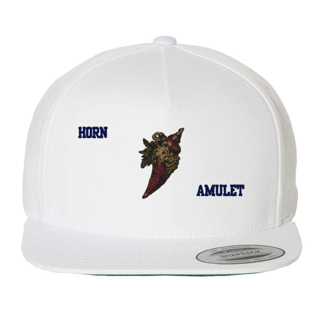 White Horn Amulet snapback cap by Galaxy Epop with artwork and Horn Amulet lettering