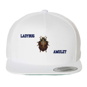 White Ladybug Amulet snapback cap by Galaxy Epop with artwork and lettering