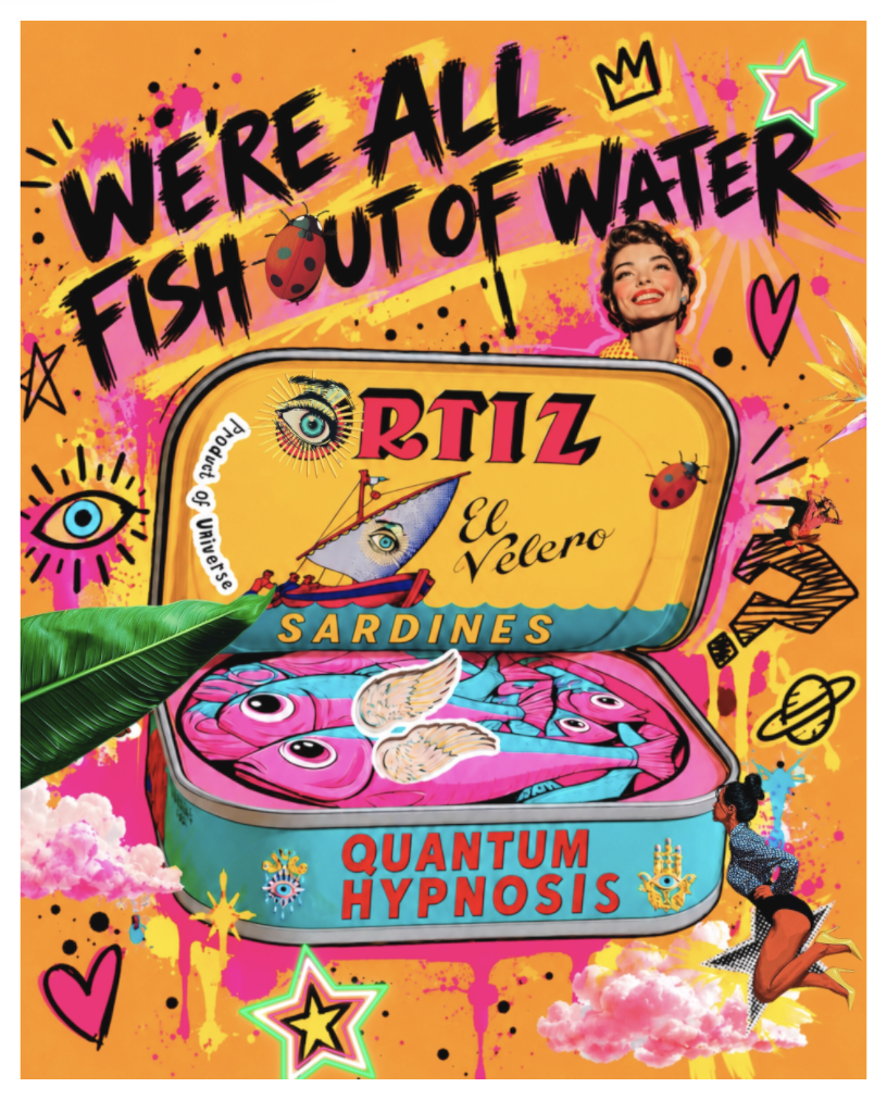 Hypnosis pop art by Galaxy Epop, featuring an open tin of pink and turquoise sardines with wings on an orange background.