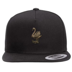 Black Swan Amulet snapback cap by Galaxy Epop with golden embroidered swan artwork