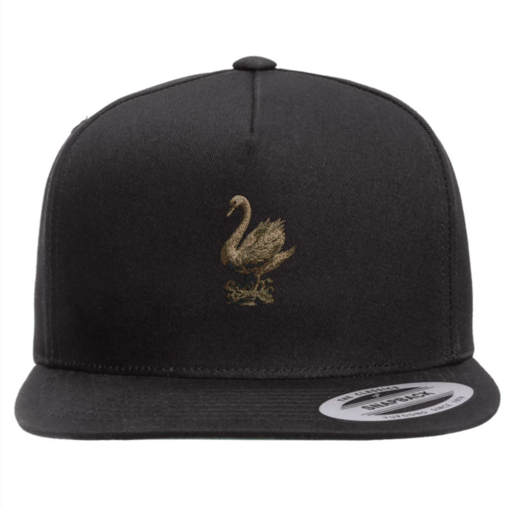 Black Swan Amulet snapback cap by Galaxy Epop with golden embroidered swan artwork