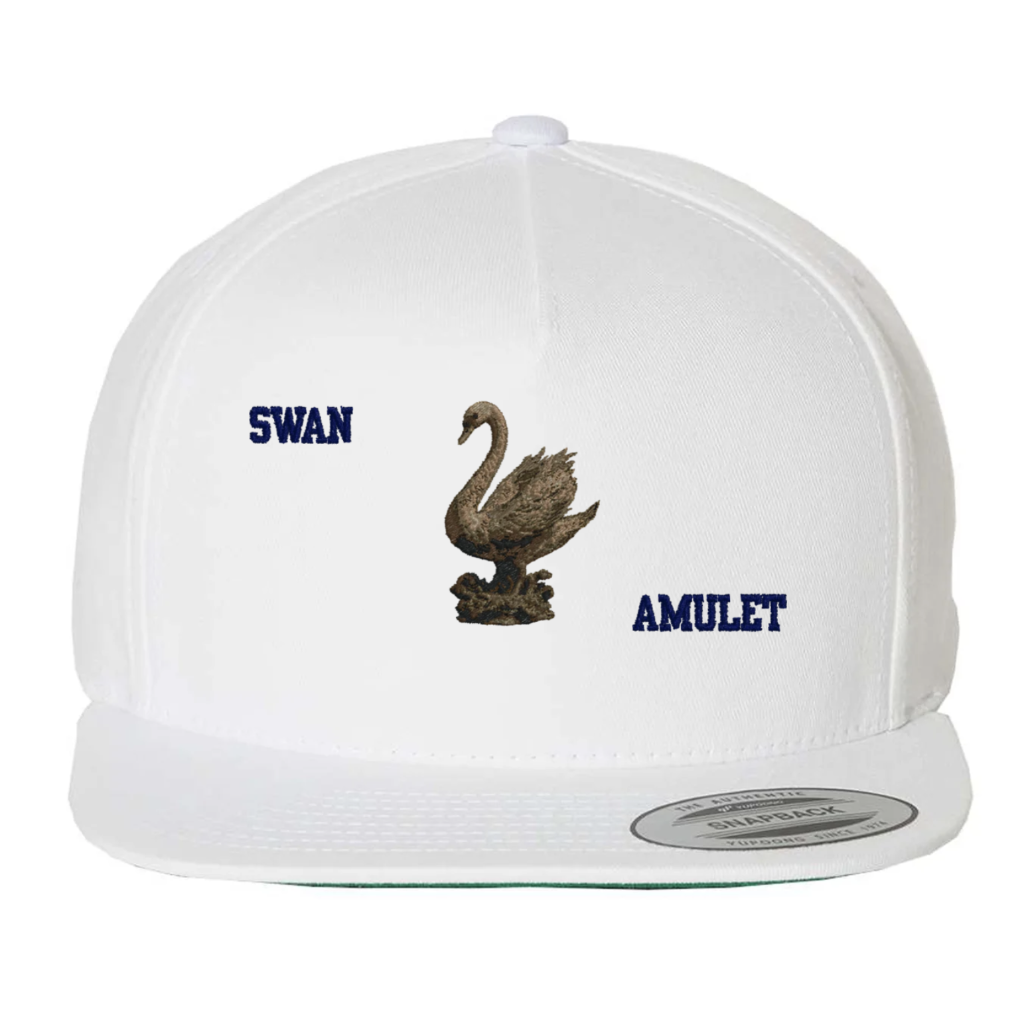 White Swan Amulet snapback cap by Galaxy Epop with embroidered swan artwork and lettering